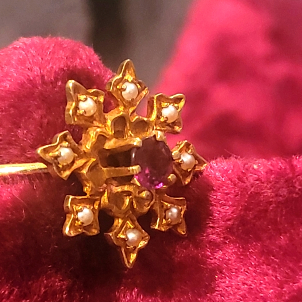 Antique 14k Gold Ruby Solitaire Flower Ring With … - image 2